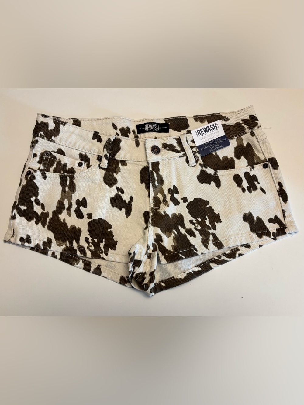Rewash Cow Print Denim Shorts in Brown and White
